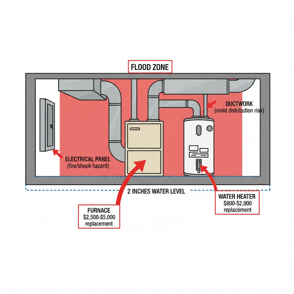Basement mechanical room showing furnace, water heater, and ductwork at risk from water damage