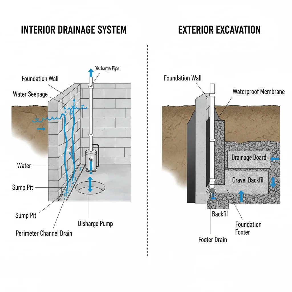 Side-by-side diagram of interior drainage system vs exterior excavation waterproofing