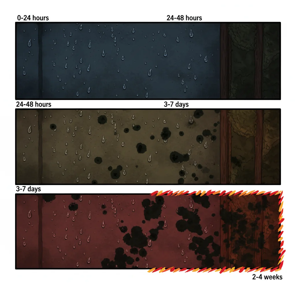 Timeline showing mold growth progression in a wet basement from 24 hours to 2-4 weeks