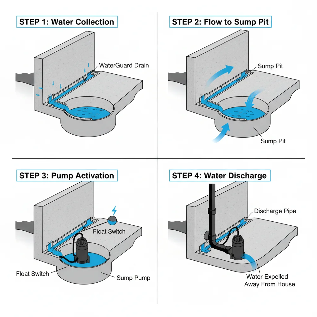 Diagram showing how a basement sump pump system works with perimeter drain, sump pit, and discharge pipe